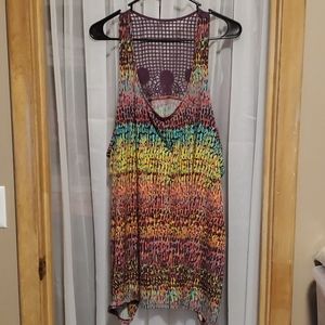 Multicolored tank with crochet back.
